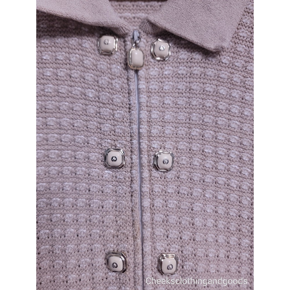 St John Collection Knit Zip Front Cardigan Beige Gold Button Size 14 - Picture 5 of 10